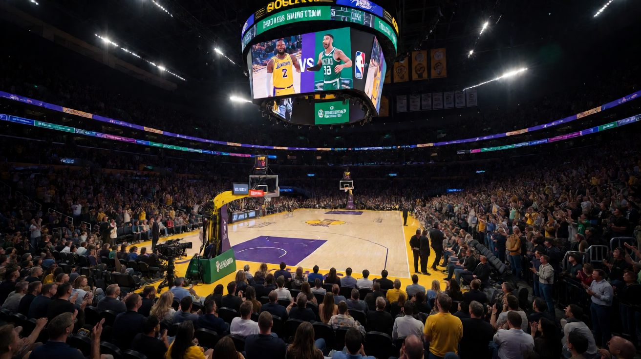 NBA篮球馆夜间比赛灯光璀璨的赛场全景